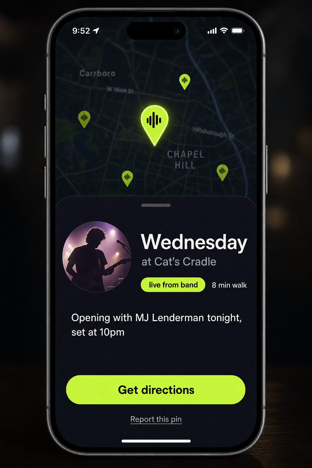 Prowl iPhone venue detail screen with live music and directions