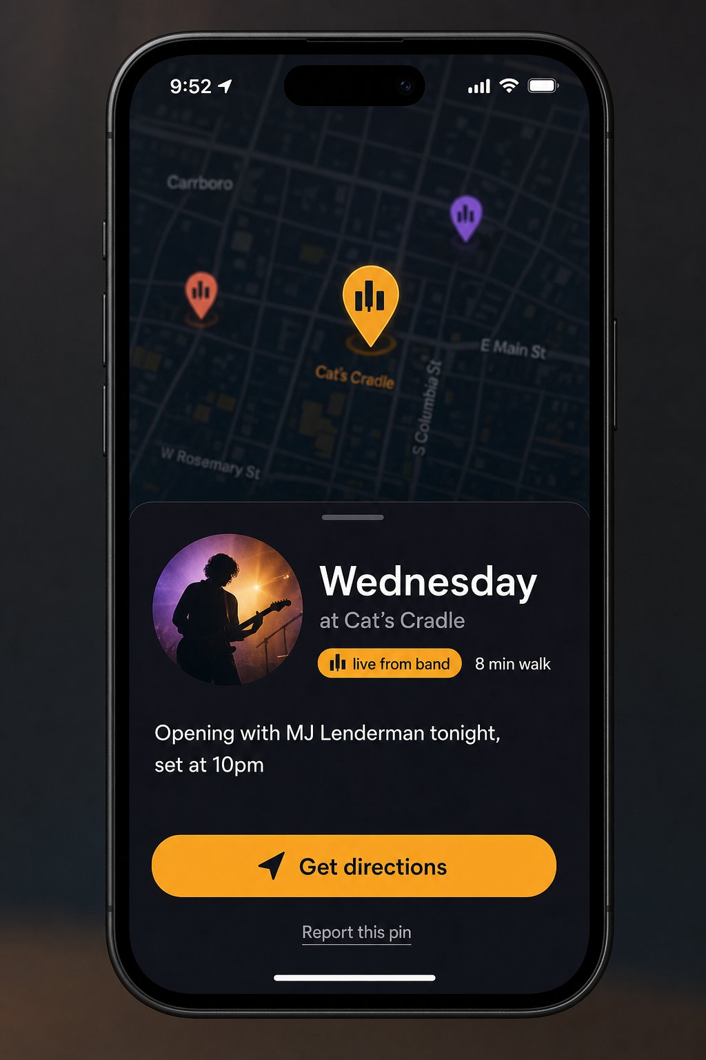 Pin detail sheet showing band, venue, and walking time